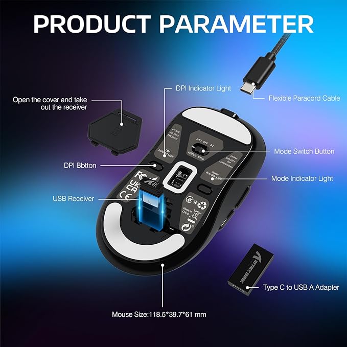 MANBASNAKE Attack Shark X3 Pro 4K/8K Hz Mouse, 59g Superlight BT/2.4G Wireless/Wired Gaming Mouse, PixArt PAW3395 Gaming Sensor, 26000 DPI, Programmable Buttons for Win11/Xbox/PS/Mac(Black)