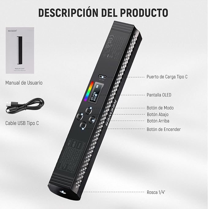 NEEWER RGB Light Wand with APP Control, Magnetic Handheld Photography Video Light Stick,2500K~8500K Dimmable CRI95+ Full Color LED Tube Bar with 2550mAh Battery, 17 Light Scenes for Vlog, TL21C