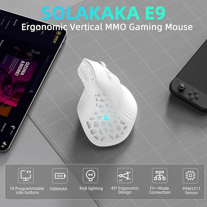 SOLAKAKA E9 Vertical MMO Gaming Mouse,24800 DPI,Tri-Mode Ergonomic Wireless Mouse with 10 Side Buttons,RGB Mouse for PC/Mac - White