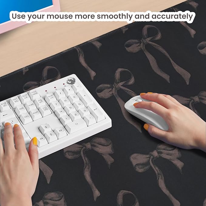 Black Desk Mat Bows, Cute Bow Mouse Pad Desk Matt for Desktop, 31.5 x 11.8” Extra Large Black Laptop Keyboard Computer Mat, Non-Slip Base, Stitched Edge, Girly Office Décor Desk Accessories for Women