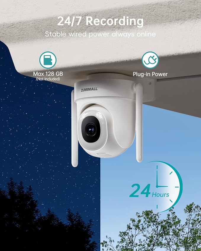 ZUMIMALL 2K Wired Outdoor Camera, 2.4G/5G WiFi Security Camera, 3MP, 24/7 Recording, AI Motion Detection, Cloud & SD Card Storage, 2-Way Audio, 360° PTZ Auto Tracking, Work with Alexa, IP66-2-Pack