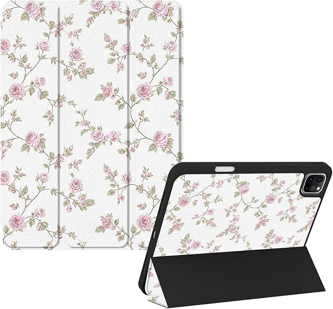 Case for iPad Pro 11 inch 4th/ 3rd/ 2nd / 1st Generation (2022/2021/2020/2018) Case with Pencil Holder, Auto Sleep/Wake, Girly Women Cute Design Pro 11 inch Cover with TPU Back, Pink Flowers