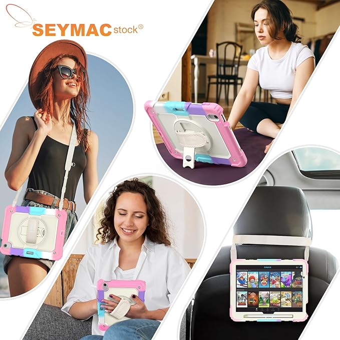 SEYMAC stock Case for iPad Air 11-inch M4-M2 2026-2024 (Gen 8-6), Shockproof Heavy Duty Case with Screen Protector, Pencil Holder, Rotating Stand, Hand Strap, Shoulder Strap, Pink