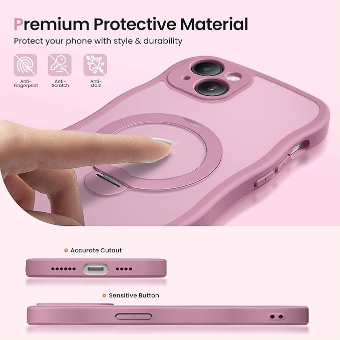 CAPRARO for iPhone 15 Case with 360° Spin Magnetic Stand for Women, [Compatible with MagSafe] [Full Camera Protection] Cute Wave Translucent Matte Case for iPhone 15, Black Currant