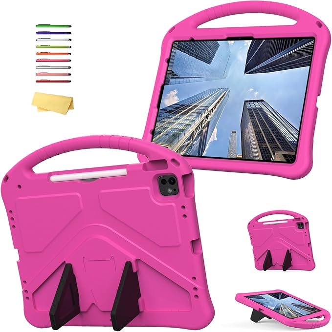 Kids Case for iPad Pro 13 inch M5/M4 (2025/2024) with Kickstand/Pencil Holder/Handle Stand Lightweight Soft EVA Foam Shockproof Heavy Duty Rugged Protection Kids Girls Boys Cover, Rose