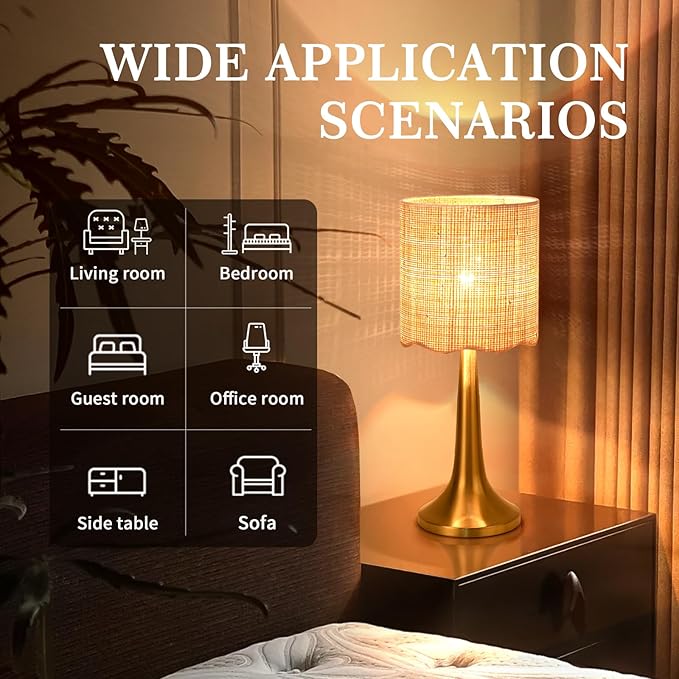 Ziqqeelam Gold Rattan Table Lamp for Bedroom, Brass Cute Wicker Lamps for Bedside Nightstand, Small Table Shape Lamps for Small Spaces for Kitchen Counter, Home Office, Living Room, Kids Dorm