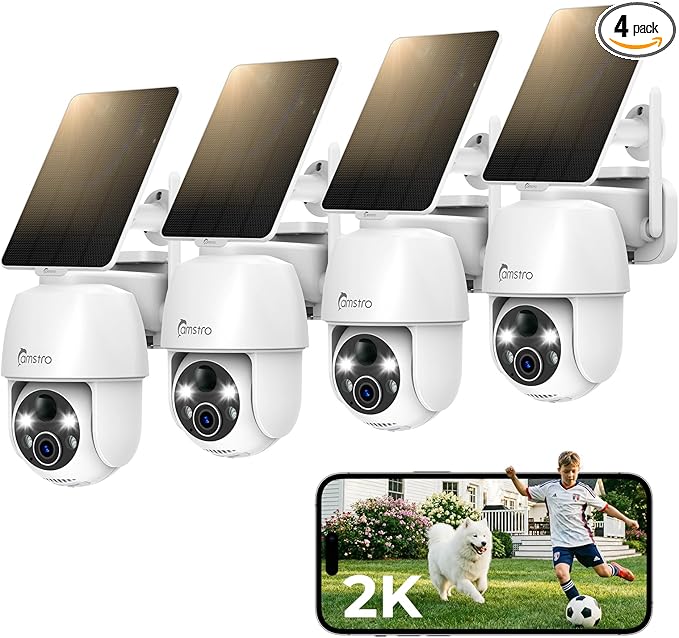 4pcs Solar Security Cameras Wireless Outdoor, 2K WiFi 6 Battery Cameras System, 360°View, PIR/AI Motion Detection, Color Night Vision, 2-Way Talk, IP66, Alexa/Google Assistant, No Monthly Fee