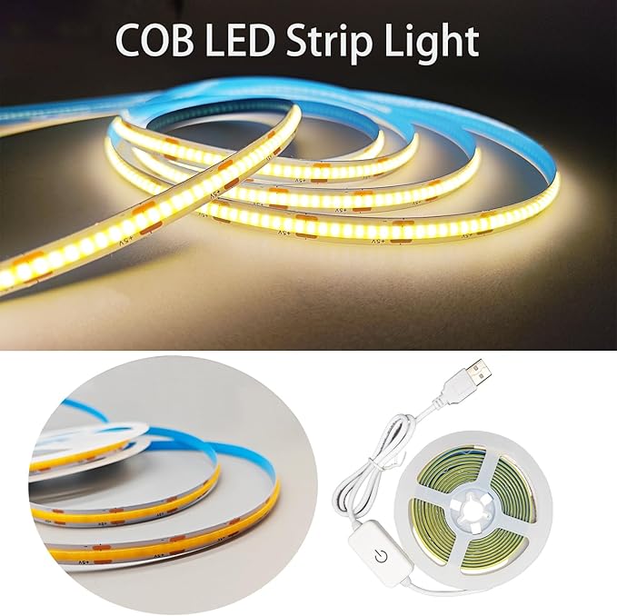 ZSLAIFU A 5V USB LED Light Strip, COB LED Strip Lights, Warm 5V LED Lights, Small LED Strip Light, TV Lights for TV Under Cabinet Kitchen Living Room Shelving or Displays (Warm 3.28FT x2)
