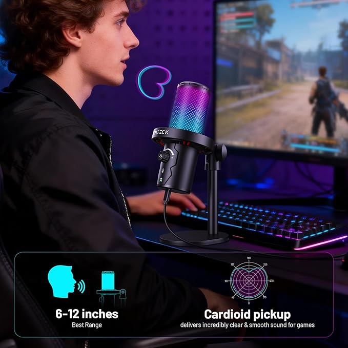 CMTECK USB Microphone for PC Gaming, Condenser Gaming Microphone with Quick Mute, RGB Indicator, Plug and Play, Desk Podcast Mic for Recording, YouTube, Streaming, Compatible with PS4/5/PC (Black)