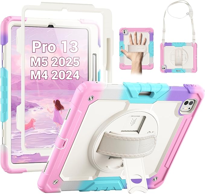 SEYMAC Case for iPad Pro 13 Inch M5 2025 / M4 2024, Heavy Duty Shockproof Protective Case with Screen Protector, 360° Rotating Stand, Hand/Shoulder Strap and Pen Holder, Colorful/Pink