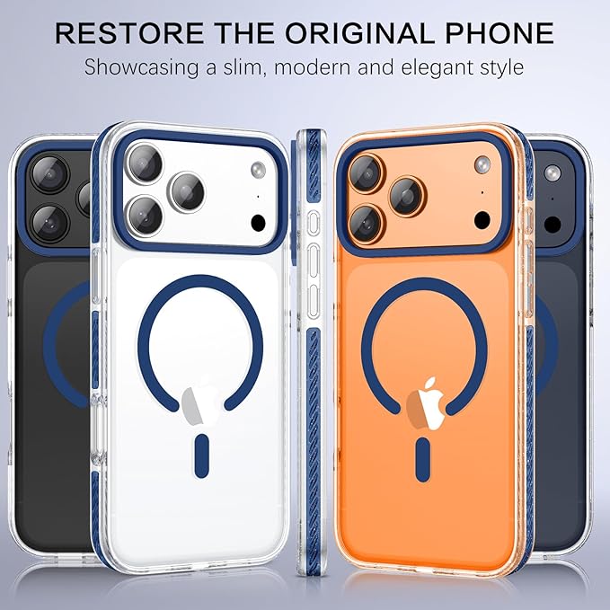 BENTOBEN Magnetic for iPhone 17 Pro Case 6.3", Compatible with Magsafe Military Shockproof Protective Cute Transparent Slim Anti-Yellowing Phone Case for iPhone 17 Pro Cover, Clear Deep Blue