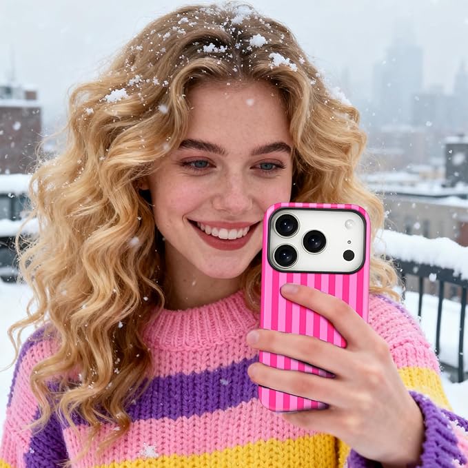 Magnetic for iPhone 17 Pro Max Case Cute Stripes Phone Case, Shockproof Slim TPU and Hard PC Protective Phone Cover Compatible with MagSafe Designed for Women Girls, Deep Pink