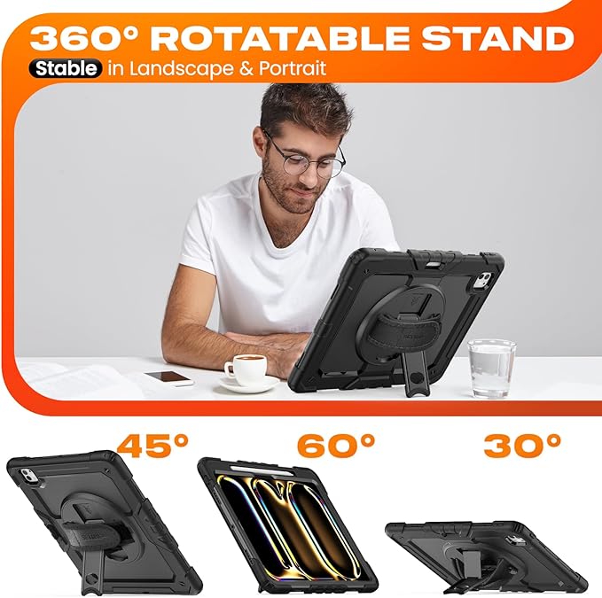 SEYMAC stock Case for iPad Pro 13-inch M5-M4 2025-2024, Shockproof Heavy Duty Case with Screen Protector, Pencil Holder, Rotating Stand, Hand Strap, Shoulder Strap, Black