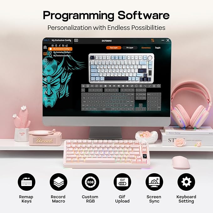 EPOMAKER X Aula EA75 MAX Wireless Gaming Keyboard with Screen & Knob, 5000mAh, Hot-Swap, Lubed Switches, RGB Backlit, Creamy Gasket, 75% Mechanical Keyboard (Pink, Silent Cotton Candy Switch)