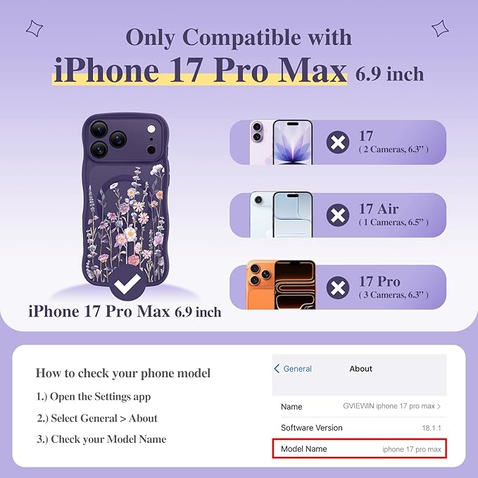 GVIEWIN for iPhone 17 Pro Max Case Compatible with MagSafe [Curly Wave Edge][Full Camera Protection] Floral Translucent Shockproof Magnetic Women Phone Case for 17 Pro Max, Floratopia/Deep Purple