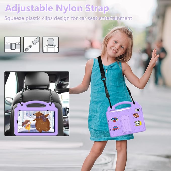 AKABEILA Compatible with Apple iPad Mini 6 2021 8.3 inch Tablet Case, Kids Friendly Universal Lightweight Shockproof Protective Case with Shoulder Strap & Stand Handle & Pen Tray Light Purple