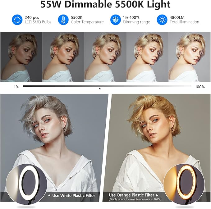 Neewer 18-Inch Ring Light, 55W Dimmable 5500K Light with 240 LEDs Color Filter, Soft Tube and Carrying Bag for YouTube, TikTok, Selfies and Photography, Compatible with Camera and Smartphones