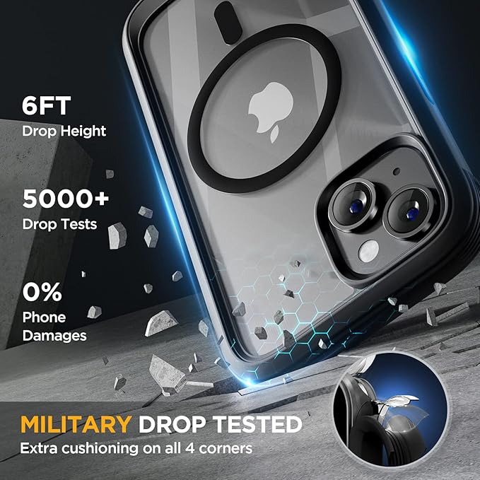 Miracase for iPhone 13 Case 6.1'',Full-Body Magnetic Clear Bumper Case with Built-in 9H Tempered Glass Screen Protector,Military Drop Protection Outdoor Phone Case,Black