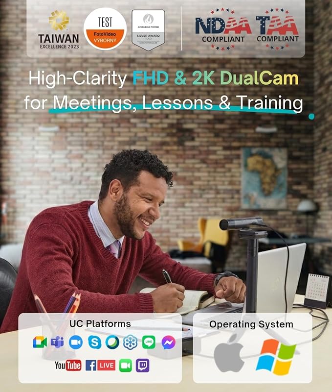 AVerMedia PW313D DualCam 2K Document Camera and Webcam for PC/Mac/Laptop, Autofocus, AI Noise Reduction, Online Teaching, Works with Zoom/Teams/Google Meet, Includes Tripod, TAA/NDAA Compliant