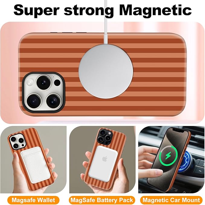 Magnetic for iPhone 13 Pro Case Cute Stripes Phone Case, Shockproof Slim TPU and Hard PC Protective Phone Cover Compatible with MagSafe Designed for Women Girls, Deep Brown