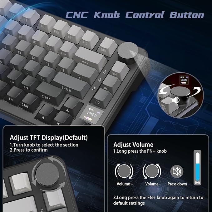 ATTACK SHARK X85 Pro Wireless Mechanical Gaming Keyboard with TFT Screen & Knob Hot-Swappable BT5.1/2.4Ghz/USB-C RGB Backlit Gasket Mount Gradient Side-Print PBT Keycaps for Win/PC/MAC-Moon Night
