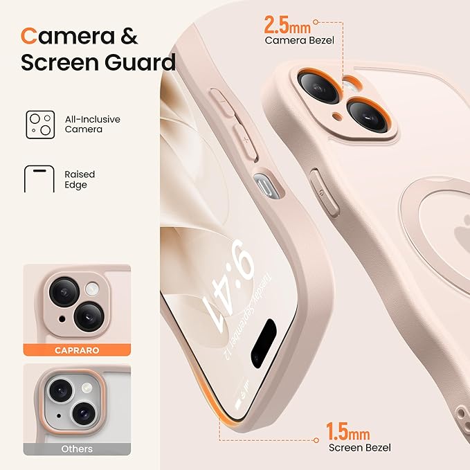 CAPRARO for iPhone 15 Case with 360° Spin Magnetic Stand for Women, [Compatible with MagSafe] [Full Camera Protection] Cute Wave Translucent Matte Case for iPhone 15, Rose Gold