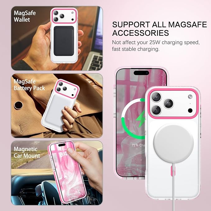 BENTOBEN Magnetic for iPhone 17 Pro 6.3" Case, Compatible with Magsafe Military Shockproof Protective Cute Transparent Slim Anti-Yellowing Phone Case for iPhone 17 Pro Cover, Clear Hot Pink