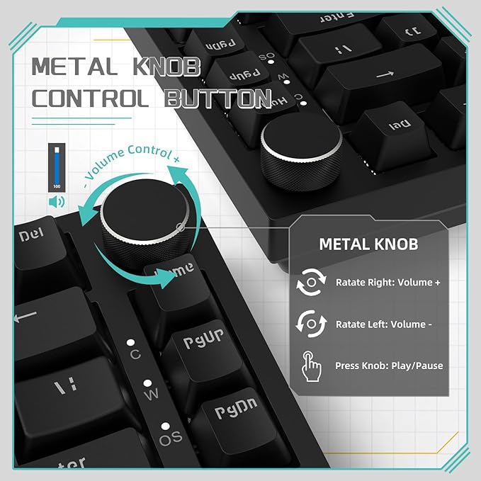 Attack Shark ajazz AK820 Mechanical Gaming Keyboard with Knob 75% Keyboard Hot Swappable Type-C Wired Gasket 5-Layer Noise Absorbing Foam White LED Backlit NKRO Linear Red Switch for PC/Win/Mac-Black