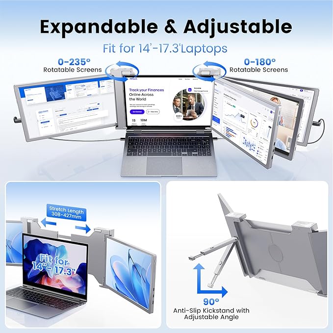 14” 1080P FHD Laptop Screen Extender, Portable Monitor for Laptop, Compatible 14"-17" with USB-C/HDMI Port, Plug and Play for Mac/Windows/Android, Ideal for Multiple Tasks