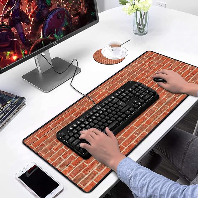 Desk Pad Mat Gaming Mouse Pads with Coasters Set, Stitched Edges Design Mouse Pad XXL Large Mouse Pad for Laptop Computers Red Brick Wall Pattern Desk Writing Mat for Office & Home 31.5"x 11.8"