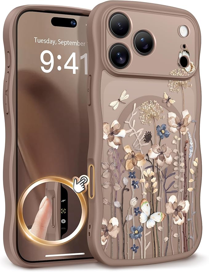 GVIEWIN for iPhone 17 Pro Max Case Compatible with MagSafe [Curly Wave Edge][Full Camera Protection] Floral Translucent Shockproof Magnetic Women Phone Case for 17 Pro Max, Autumnflit/Brown