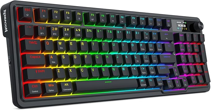 Redragon K719 Wireless Gasket Gaming Keyboard w/Hype Screen & Knob, 95 Keys Mechanical Keyboard, Easy-Control 1.14’’ TFT Info Display, 5-Layer Noise Dampening, Custom Linear Switch, Essential Black