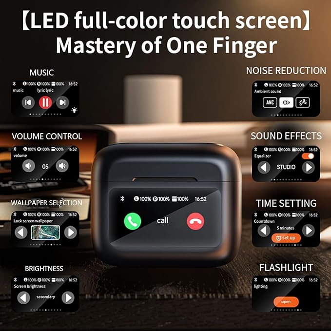TWS Touch Screen Earbuds with Touch Screen Active Noise Cancelling TWS Wireless Bluetooth Touchscreen Earbuds ANC for iPhone Android Blue Tooth Ear Buds Noise Cancelling Earphones