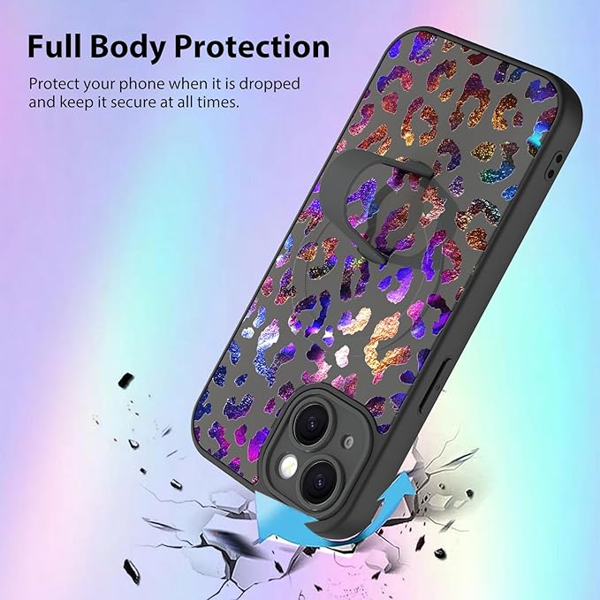 KANGHAR Compatible with iPhone 15 Case, Support for MagSafe, Silicone Cute Iridescent Leopard Cheetah Pattern, Wristband Kickstand Shockproof Protective Slim Cover for Women Girls, Black