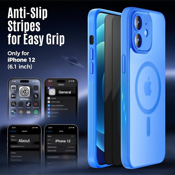 Symcele Designed for iPhone 12 Case, Compatible with MagSafe, with Privacy Screen Protectors X2, [Camera Protection] [15FT Military Drop Protection] Shockproof Phone Case, 6.1", Blue
