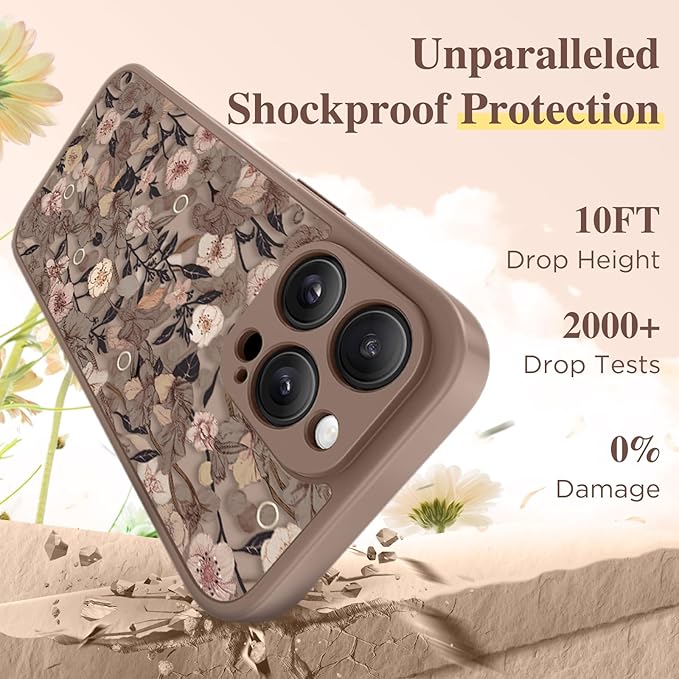 GVIEWIN for iPhone 15 Pro Max Case Compatible with MagSafe, [Military Grade Protection] [Screen Protector] Full Camera Protection Floral Translucent Women Magnetic Phone Case, Apricot Blossom/Brown