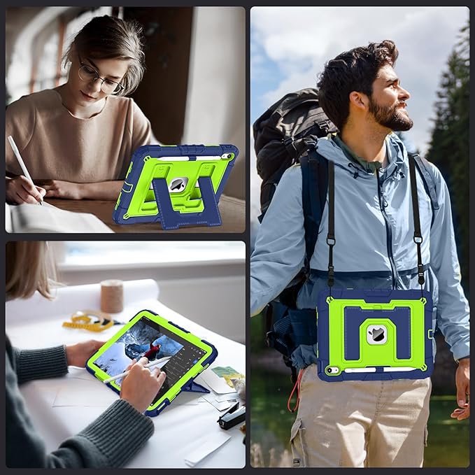 for iPad (A16) 11th /10th Generation 10th Gen iPad Case with Pencil Holder Shoulder Strap,Military Grade Shockproof for i Pad Covers 11.0/10.9 Inch 2025/2022,Navy Green