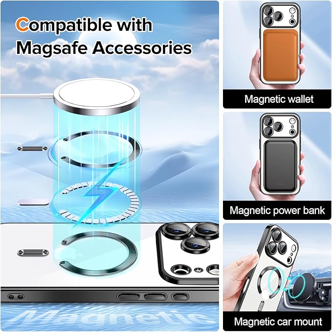 Hython Magnetic Clear for iPhone 17 Pro Case with Camera Lens Protector [Compatible with MagSafe] Luxury Plating Edge Slim Soft TPU Cover Protective Phone Case for iPhone 17 Pro 6.3", Black