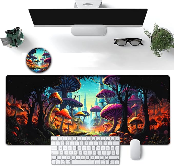 Large Mouse Pad, 31.5 x 11.8in Extended Gaming Mouse Pad with Stitched Edges, XXL Mousepad Protector Non Slip Rubber Base for Office & Home Writing Mat, Colorful Mushroom Forest Pattern Black Desk Mat