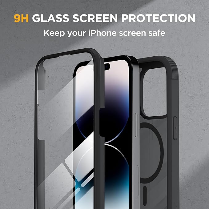 Miracase Magnetic for iPhone 14 Pro Max Case 6.7 inch, (Compatible with MagSafe) Upgrade Full-Body Clear Phone Bumper Case with Built-in 9H Tempered Glass Screen Protector, Magnetic Matte Black