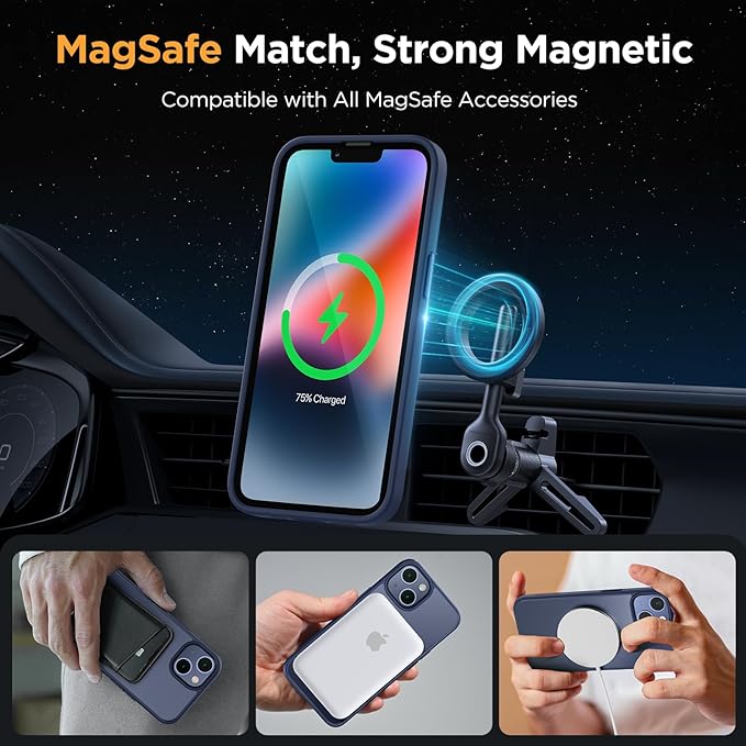 Miracase Magnetic for iPhone 14 Case 6.1 inch (Compatible with MagSafe)（with 2X Screen Protectors） Military-Grade Protection, Anti-Fingerprint Translucent Matte Phone Case Cover, Dark Blue