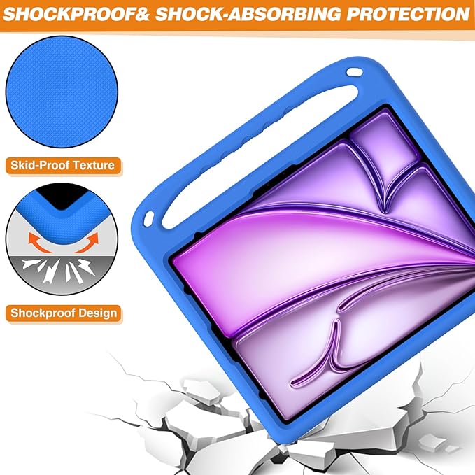 Kids Case for iPad Pro 13 inch (M5) 2025/ (M4) 2024, with Pencil Holder/Kickstand/Handle Stand Lightweight Cute Soft EVA Shockproof Silicone Anti-Slip Grip Rugged Girls Boys Cover, Blue