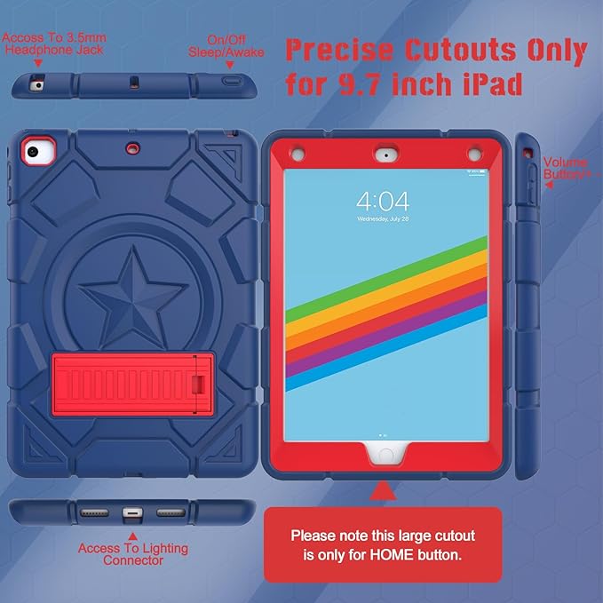 CCMAO Case for iPad 6th Generation/ipad 5th Generation/iPad 9.7 Inch (2018/2017 Model), iPad Air 2 Case, Hybrid Shockproof Rugged Protective Cover with Kickstand for, Navy Blue+Red