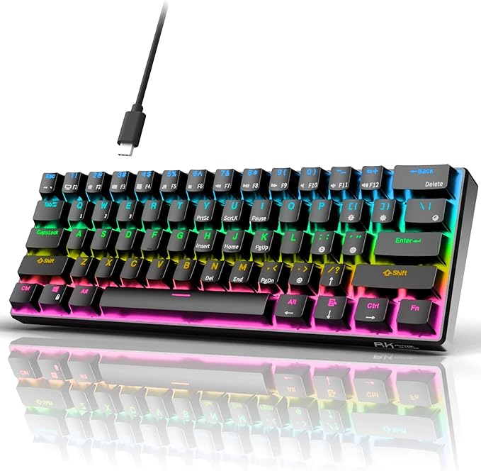 RK ROYAL KLUDGE RK61 Wired 60% Mechanical Gaming Keyboard Programmable QMK/VIA RGB Backlit 61 Keys Ultra-Compact Hot Swappable Blue Switch Black