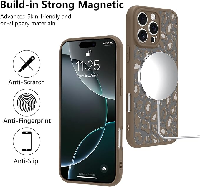 KANGHAR Case for iPhone 16 Pro Brown Leopard Printed Pattern Compatible with Magsafe Cute Cheetah Protective Magnetic Case for Girls Women 6.3"
