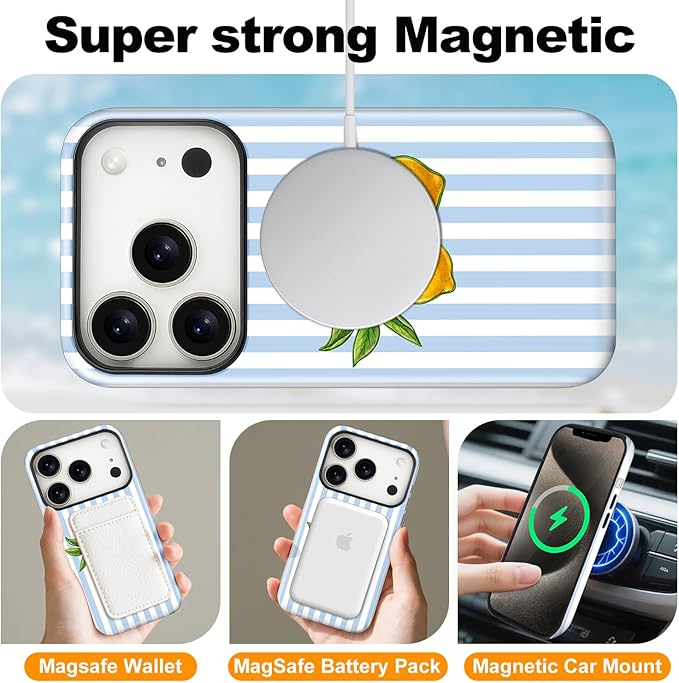 Magnetic for iPhone 17 Pro Max Case Cute Lemon Stripes Phone Case, Shockproof Slim TPU and Hard PC Protective Phone Cover Compatible with MagSafe Designed for Women Girls, Blue
