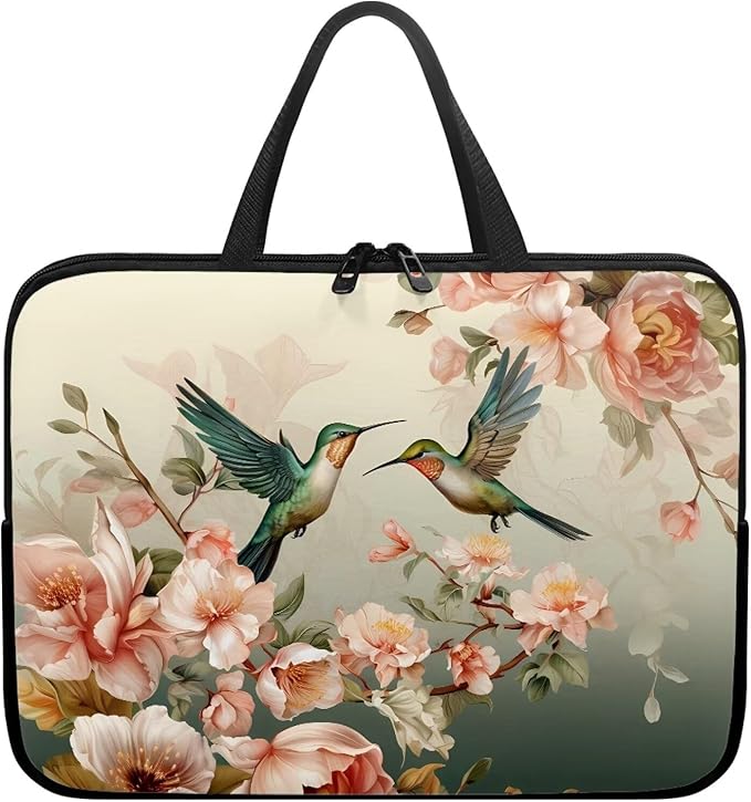 Hummingbird Laptop Sleeve for Women, Protective Computer Cover Case with Handle Briefcase Carrying Bag Compatible 13 Inch Notebook, Chromebook Computer, Vintage Floral