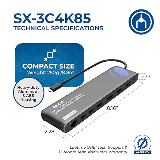 OREI USB C Docking Station Triple Monitor (MST, No Drivers, Windows) 3 Monitor Dock with 4K@60Hz 4:4:4 - SplitXtend Laptop Dock with 2 HDMI & DisplayPort, 85W PD, Ethernet, USB, SD/TF