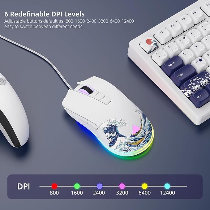 Womier Wired Gaming Mouse, 12400 DPI RGB Mouse with RGB Backlit Modes & 7 Macro Buttons, PC Gaming Mice Support DIY Keybinding, Gamer Computer Mice for Laptop PC Mac Windows(G705 Kanagawa)