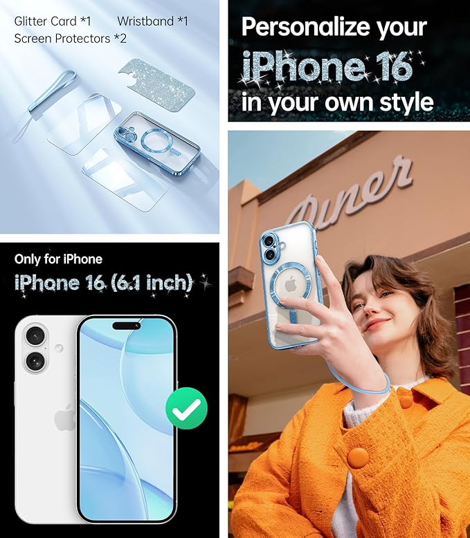 Meifigno Case Designed for iPhone 16 6.1 inch, [Compatible with MagSafe] [2X Screen Protectors] [Glitter Card & Wrist Strap] Surround Lens Protection Designed for iPhone 16 Case Girls, Sky Blue